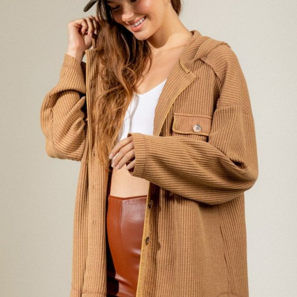 Hooded ribbed solid knit jacket-camel - Picture 2 of 3